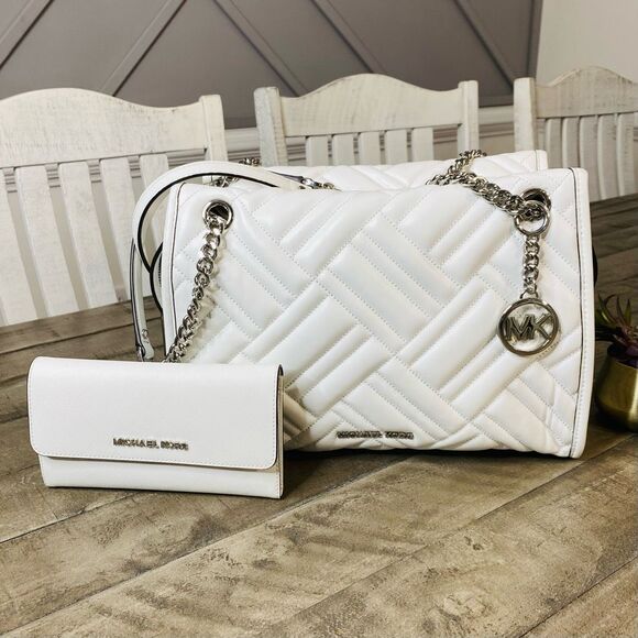 Michael Kors Large KATHY Quilted Handbag and Wallet‎ Optic White BNWT - Picture 1 of 14